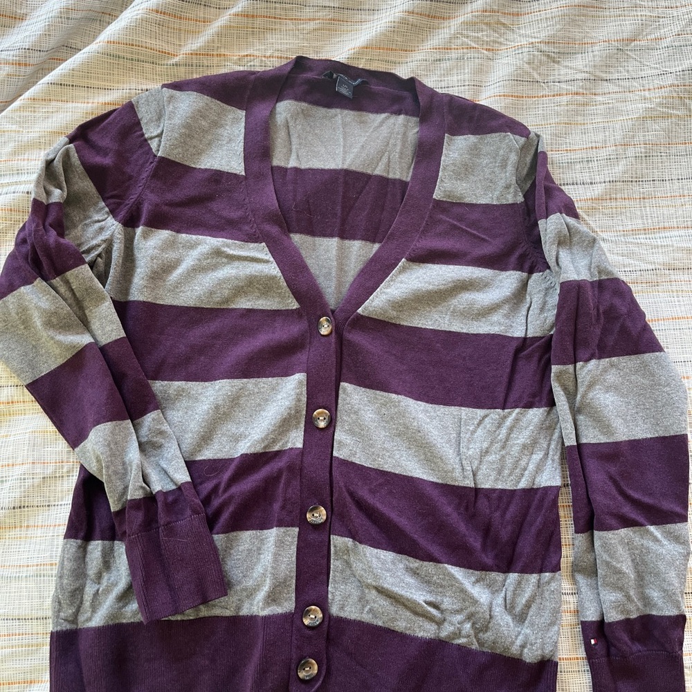 Tommy Hilfiger Purple and Gray Striped Cardigan